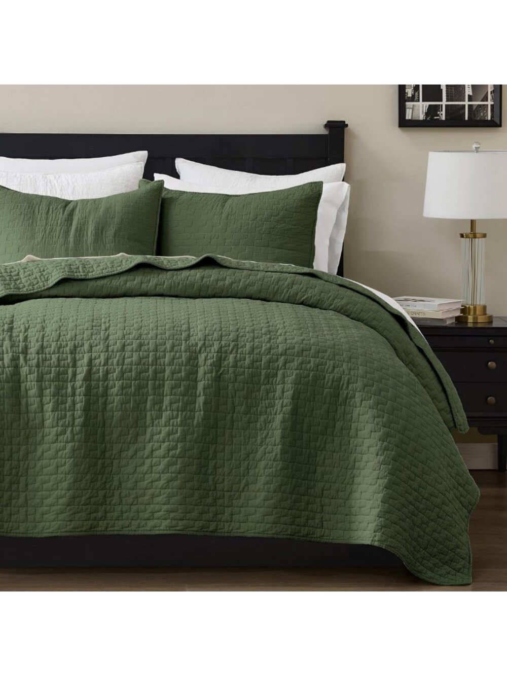 Olive Green King Size Cotton Quilt Set with 2 Pillow Shams - Soft, Lightweight